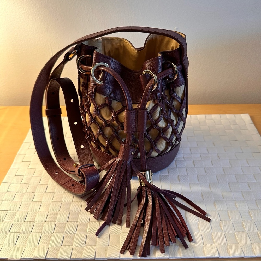 See by Chloé logo-debossed leather bucket bag. Burgundy and tan. New w/o tags - Picture 6 of 9